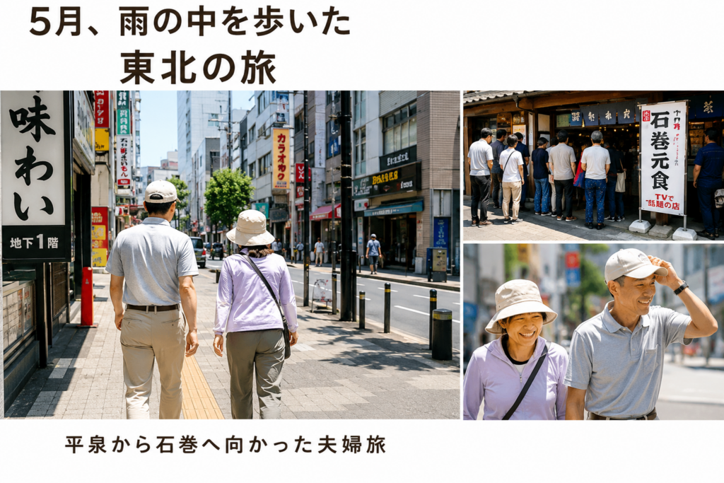 平泉から石巻へ向かった夫婦の東北旅行。石巻の街を歩く夫婦と石巻元祖の店」