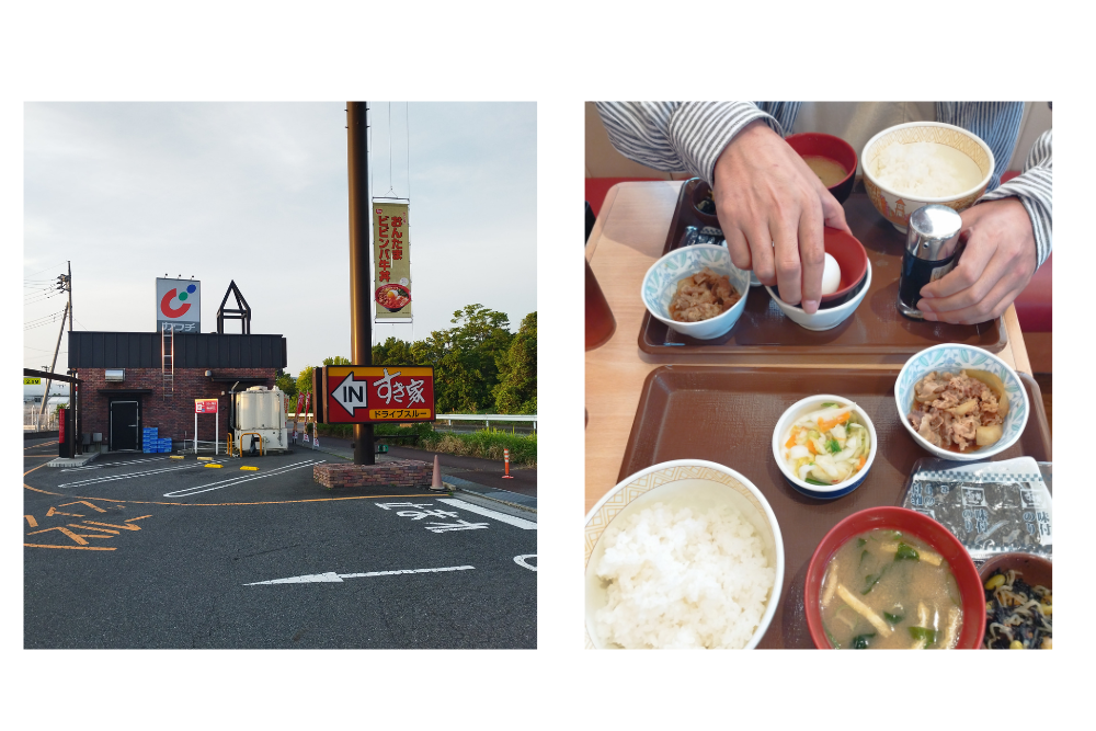 左：
「すき家の店舗外右：
「すき家で食事をする夫婦の定食」観と駐車場」