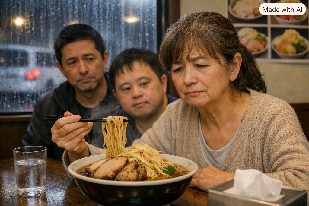雨の日のラーメン店で、家族3人がボリュームのあるラーメンを前に食事をしている様子。旅先で二郎系ラーメンを知らずに注文してしまった体験を表した写真。のイメージ