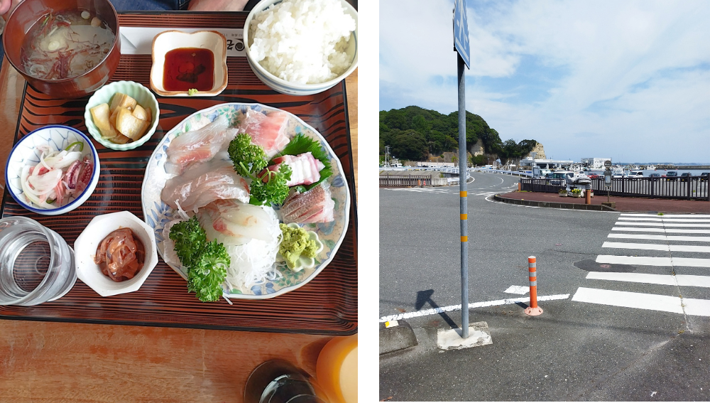 食堂の刺身定食と窓からの眺め
