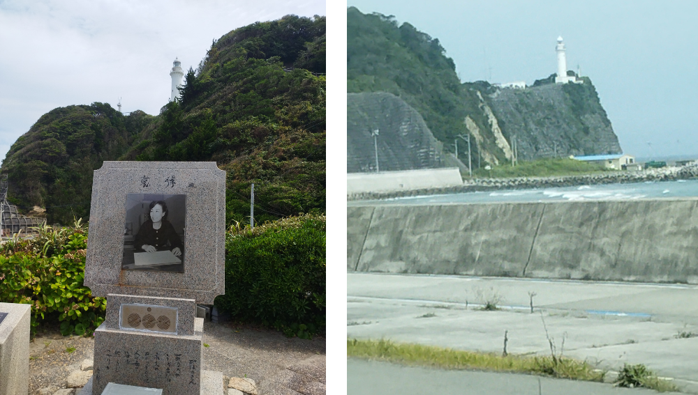 美空ひばりさんの写く真と歌が流れる石碑、
来る途中のからの塩谷の岬
